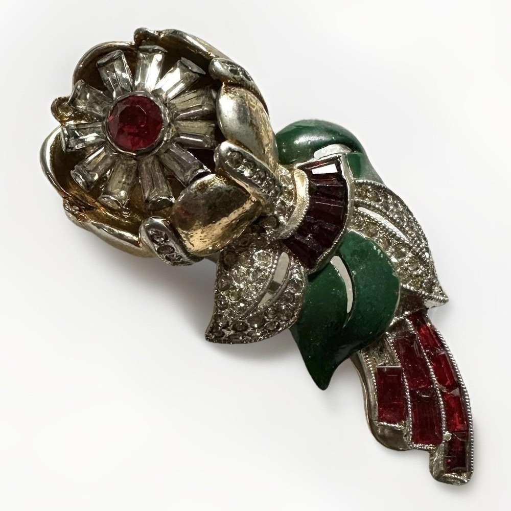 Vintage Coro Flower Trembler Duette Clip Red Rhinestones